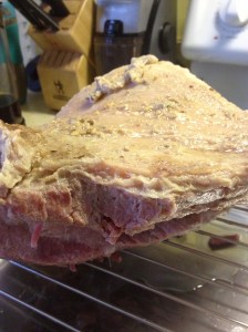 Corned beef, out of the boiling water.