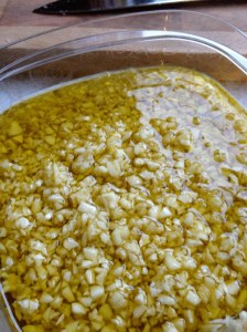 Chopped garlic in olive oil. Refrigerator staple.