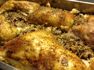 Chicken & rice with mushroom sauce.